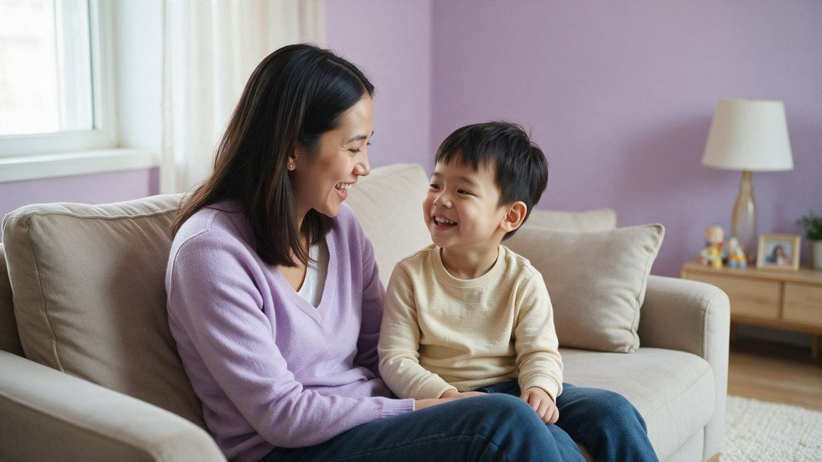 A mother and her son laughing together on the couch at home