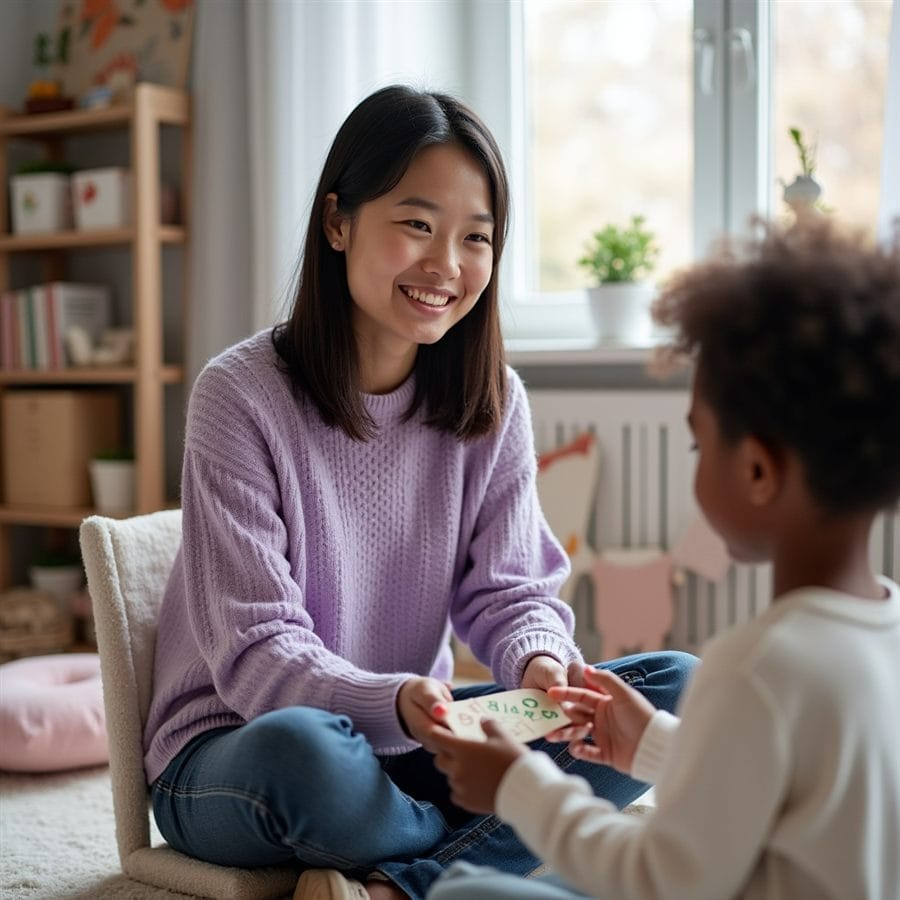 A therapist using flashcards with a young child during a session