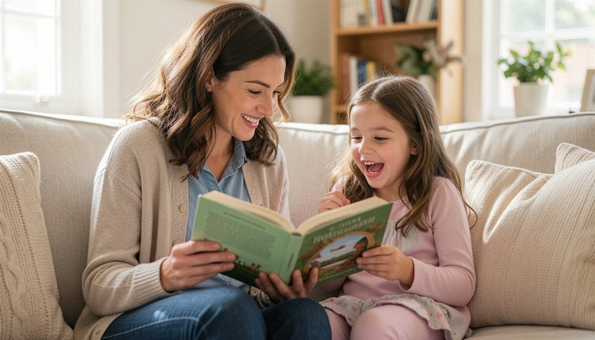 A mother reading a book together with her daughter on the couch